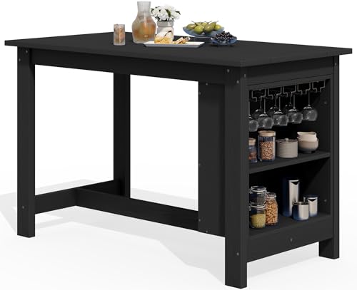 SERWALL Outdoor HDPE Counter-Height Bar Table with Storage Rack, Black - color: Black, size: 1 Bar Table