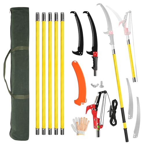 Outvita Manual Pole Saw, 24 Feet Extendable Tree Pruner with Knives and Storage Pocket, Sharp Steel Blade and Scissors High Branches Trimming for Pruning Palms and Shrubs(Yellow) - color: Yellow, size: 24 feet