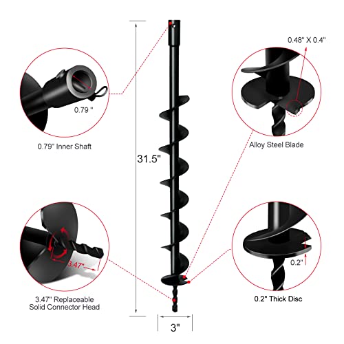 LONGRUN Earth Auger Drill Bit for Garden Fence Post, 3" x 31.5" Auger Post Hole Digger, 0.79”(20mm) Inner Shaft Franch Bit for Planting Trees and Bedding, Bulbs, Seedlings, Gardening, Large Fencing - color: Black, size: 3 Inch