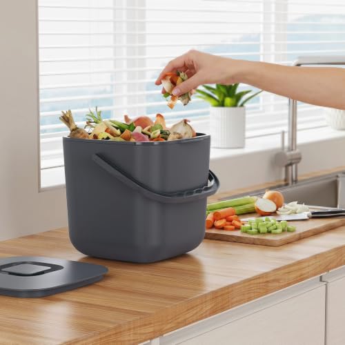 5.4L Kitchen Food Waste Bin with Lid & Handles, Indoor Compost Bucket Includes Inner Bucket Liner and Carbon Filter, Gray - color: Gray