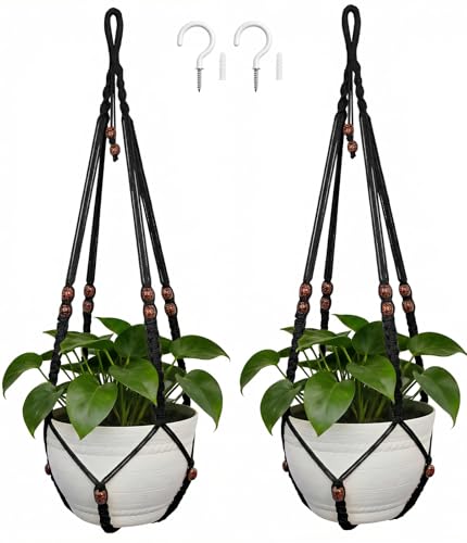 35 Inch Macrame Plant Hanger, Large for up to 15 Inch Pot Extra Long Hanging Planter Holder Basket with Wood Beads for Indoor Outdoor Home Decor (Black, 2-Pack) - color: Black, size: 2-Pack