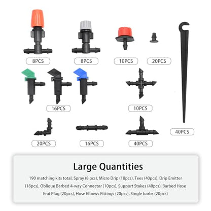 Anxingo 190Pcs Drip Irrigation for 1/4 Inch Drip Irrigation Tubing, Barbed Connectors, Irrigation Drip Line Connectors with Spray Micro Drip Barbed Hose End Plug