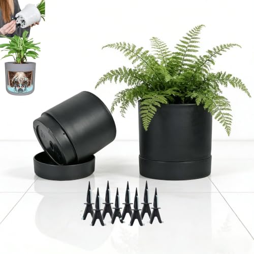 GreenShip Planter Set of 2 (9.8" & 7.8") – Dual-Use Self-Watering or Traditional Indoor Cylinder Flower Pots with Saucers & Side Drainage – Durable Lightweight Clay & Resin Blend - color: Black, size: 9.8in+7.8in