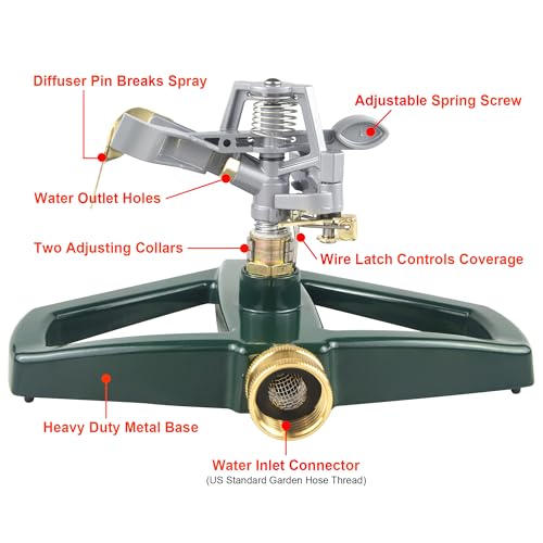 Sprinklers for Yard with Metal Base, Heavy Duty Sprinklers 360 Degree Rotating, Adjustable Zinc Alloy Sprinkler for Yard, Garden, Lawn and Large Areas