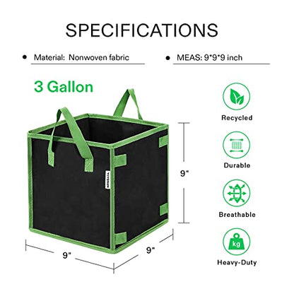 VIVOSUN 5-Pack 3 Gallon Square Plant Grow Bags with Handles - size: 3 Gallon