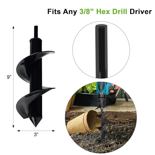Auger Drill Bit for Planting 3 x 9 Inch, Garden Spiral Drill Bit Bulb Planter Tool Drill Auger for Planting Bulb, Bedding Plant, Post or Umbrella Hole Digger for 3/8" Hex Drive - size: 3" x 9"-Black