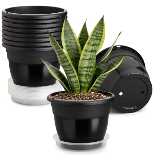 10 Pack 8 Inch Black Nursery Pots with Drainage Holes and Saucers - color: Black, size: 8 inch+10 trays
