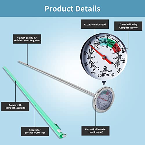 5 Inch Soil Thermometer, Stainless Steel, Waterproof, Easy-to-Read - size: 5''