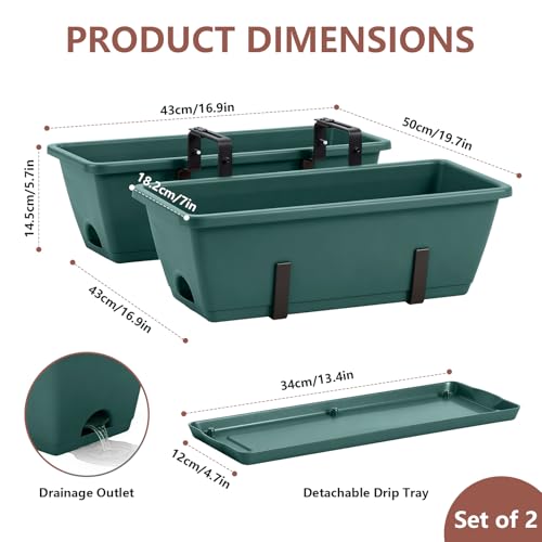 Deck Railing Planter Box Set of 2, Window Boxes Planters with Plant Hanger - color: Green