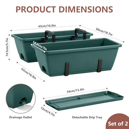Deck Railing Planter Box Set of 2, Window Boxes Planters with Plant Hanger - color: Green