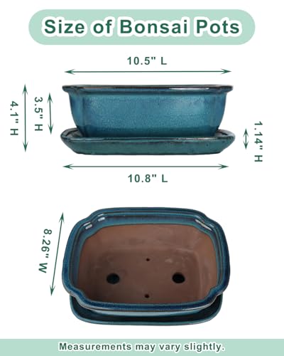 vensovo 10.5 Inch Ceramic Bonsai Pot with Drainage Hole and Saucer, Blue - color: Blue