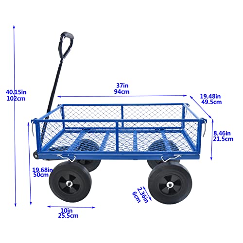 Metal Utility Wagon with 10" Solid Large Wheels 500 Lbs Capacity Heavy Duty Wheel Barrow Mesh Steel Garden Wagon Cart Dump Cart Pullable with 180° Rotating Handle Removable Sides (Blue) - color: Blue