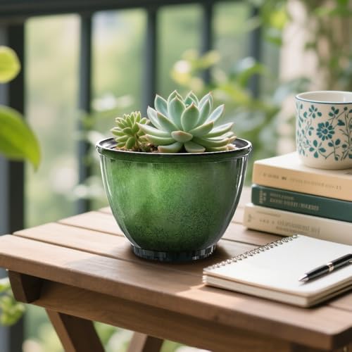 8Inch Plastic Plant Pots,4Pack Glazed Flower Pots for Indoor Outdoor Plants - color: Green