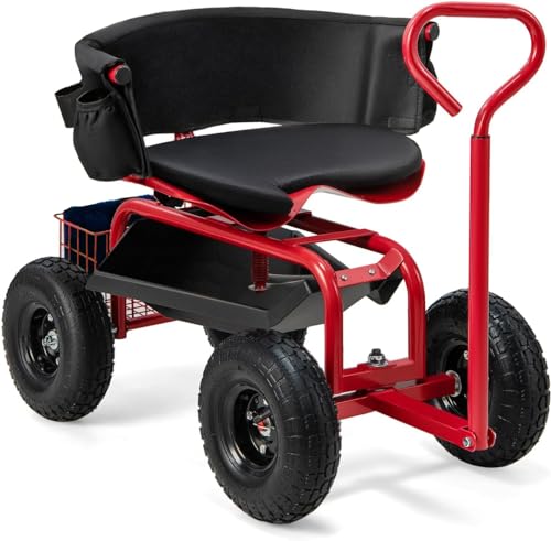 THUNDERBAY Garden Cart Rolling Workseat with Wheels, 360 Degree Swivel Seat, Wagon Scooter with Steering Handle & Utility Tool Tray for Planting, with Storage Basket and Tool Pouch, Red - color: Red