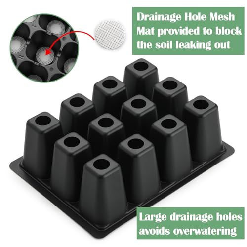 RooTrimmer 60 Pack Reusable 12-Cell Seed Starter Tray, Plant Starter Trays with Large Drainage Holes for Seed Germination, Easy to Repotted, Fits Standard 1020 Flats and TD377 Trays, Black - color: Black, size: 12 Cells-60P