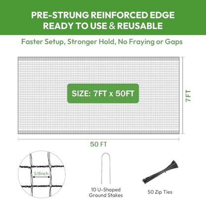 Deer Fence for Garden 7ft x 50ft, Plastic Mesh Deer Fence Netting with Pre-Strung Reinforced Edge, Reusable Temporary Fence, Ideal for Animal Barrier & Garden Fencing for Plants & Fruit Trees - size: 7ft X 50ft