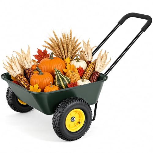 2 Wheel Wheelbarrows, Dual-Wheel Garden Dump Cart with 10" Non-Slip Pneumatic Tires & Ergonomic Padded Handle, Heavy-Duty Utility Yard Cart Wagon with 3 Cu Ft Capacity for Lawn, Gardening,Farm - color: 3cbf| Dark Green