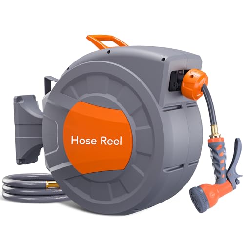 GAOMON Retractable Garden Hose Reel - 1/2 in x 72 ft, Wall Mounted, 9-Function Sprayer, Any Length Lock, 180° Swivel, Automatic Slow Rewind - size: 72FT