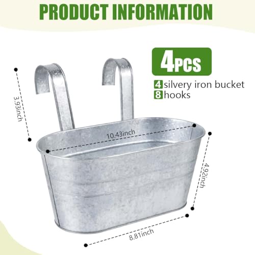 OBTANIM 4 Pack Metal Hanging Flower Pots Iron Railing Planter Outdoor Fence Hanging Pots Bucket Plant Holder with Detachable Hooks Drain Holes for Home Garden Yard Decor (Silvery) - color: Silvery