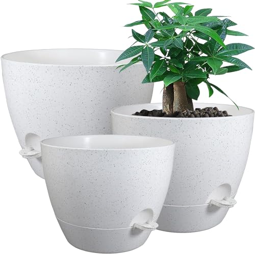 UOUZ Large Self Watering Pots, 12/10/9 Plastic Planters with High Drainage Holes and Deep Reservoir for Indoor Outdoor Garden Plants and Flowers, White Speckles - color: White Speckles