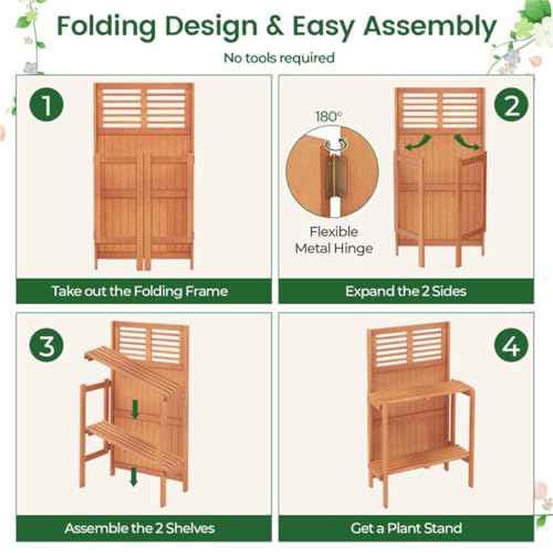 Foldable Potting Bench for Small Spaces, 25" Compact Wooden Garden Workstation with 2-Tier Storage Shelves, Outdoor Plant Table Garden Furniture Deck Plant Table for Patio Balcony Deck, Easy Assembly
