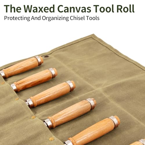 Chisel Roll, 6 Pockets Roll Up Tool Pouch, Waxed Canvas Small Tool Roll - color: Khaki
