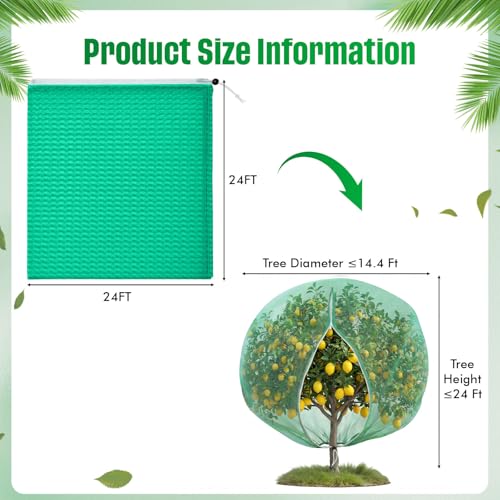 24 x 24 Ft Extra Large Fruit Tree Netting Cover with Zipper and Drawstring, Insect Bird Barrier Netting for Garden Protection, Keep Birds Squirrels Cicadas and Small Fly Out - size: 24 x 24 ft
