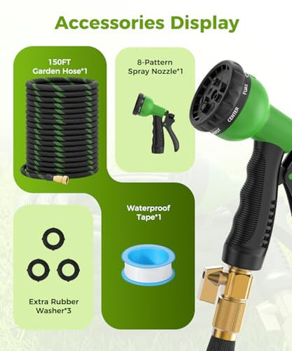 150ft Garden Hose，Non-Expandable Water Hose with 8 Function Spray Nozzle, Burst-Resistant，Kink-Free，Lightweight，Durable & Flexible 3/4" Garden Hose for Gardening, Yard，Lawn, Car Washing - size: 150ft