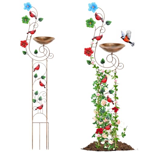 Metal Bird Bath with Trellis for Outside, 57” Height Birdbaths & Supports, Small Garden Decorative Trellises for Climbing Flowers Outdoor (Redbird) - style: Redbird