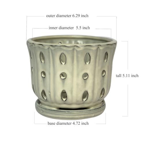 Ceramic Orchid Pot With Attached Saucer and Drainage Hole 6'' (Cream) - color: Cream