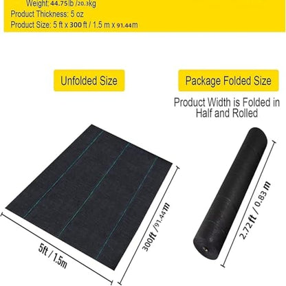 PioneerWorks Woven Landscape Fabric 5oz, 5 x 300FT Weed Fabric Barrier, Double Layer, Weed Control Fabric Ground Cover, Garden Fabric Weed Barrier, Gardening Mat for Garden Beds, Landscaping - size: 5 x 300FT-5.0OZ
