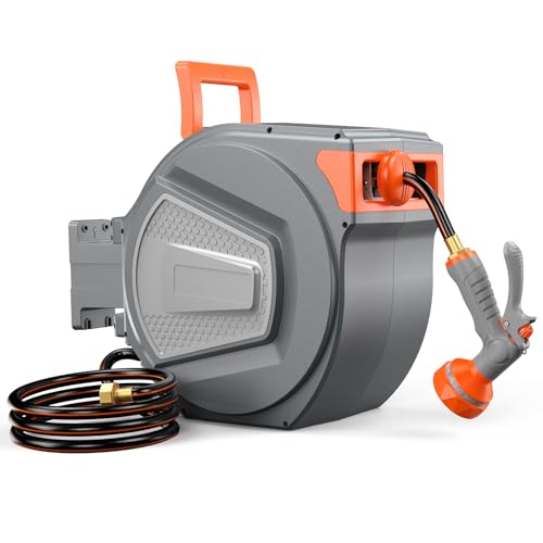NEWBULIG Garden Hose Reel, 1/2" x 65 ft Retractable Heavy Duty Water Hose - color: Orange, size: 1/2" x 65 FT