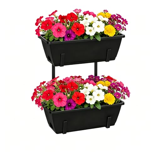 Railing Planter Boxes 2 Pack Window Boxes Planters with 2-Tier Adjustable Brackets, 17'’ Deck Railing Planter Boxes Vertical Balcony Hanging Flower Pots for Fence Rail Porch Garden Decor - color: Black