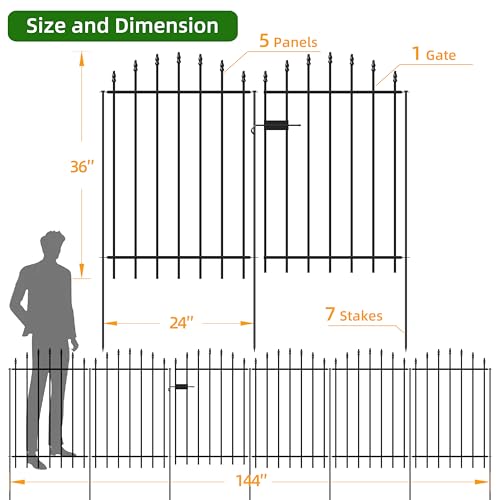 36" x 12' No-Dig Metal Garden Fence with Gate, Outdoor Fencing for Yard - size: Roman Col 36″H x 12ft (1Gate+5Panels)
