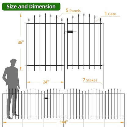 36" x 12' No-Dig Metal Garden Fence with Gate, Outdoor Fencing for Yard - size: Roman Col 36″H x 12ft (1Gate+5Panels)