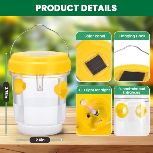 Wasp Trap, Solar Wasp Traps Outdoor Hanging, Reusable Yellow Jacket Hornet Trap with LED Light for Outside Garden, Patio, Orchard, Camping (4, Yellow)