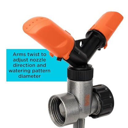 Black + Decker® 2-Arm Spinning Sprinkler with Zinc Spike – Compact, Adjustable, Secure Placement, 1,905 sq. ft. Lawn Coverage BD59412