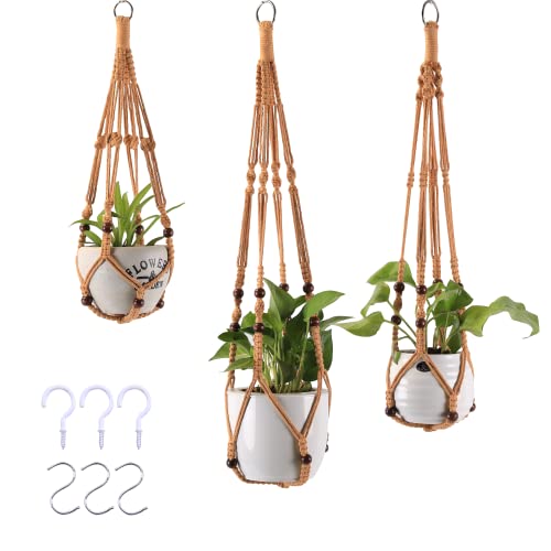Macrame Plant Hangers with Beads for Indoor and Outdoor, 3 Pack - color: Brown
