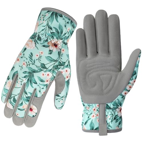 Gardening Gloves for Women, Breathable Leather Garden Gloves,Gardening Gift - color: Green - White Flowers