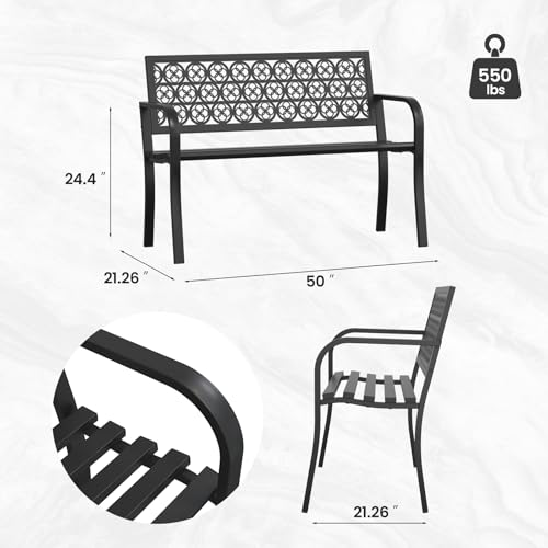 Outdoor Bench with Clover Back, Heavy-Duty Metal Frame Graden Bench, Weatherproof Patio Park Bench for Front Porch, Park, Yard, Patio - size: Clover