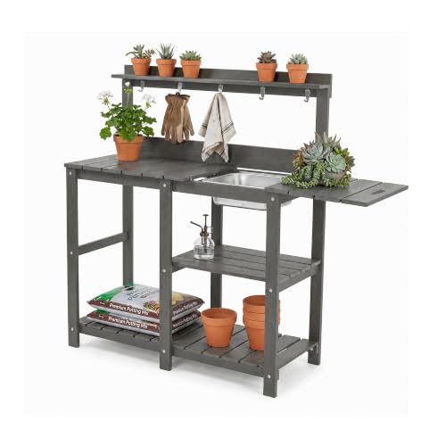 Potting Bench,Outdoor Potting Bench Table with Metal Sink,Expandable Tabletop - color: Night Frost Gray