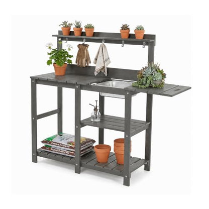 Potting Bench,Outdoor Potting Bench Table with Metal Sink,Expandable Tabletop - color: Night Frost Gray