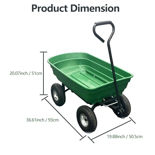 Garden Cart Trolley Heavy Duty 4 Wheel Utility Wagon, Iron and Plastic Dump Cart with Padded Handle for Lawn Yard Outdoor, Green Gardening Tool Carrier for Moving Plants Soil Mulch, 150kg Capacity