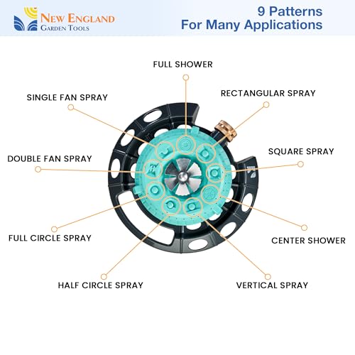 Multi-Pattern Spot Sprinkler 400001 - Adjustable 9 Spray Patterns, Heavy-Duty Metal Base, Decorative Turret Design, Versatile Lawn & Garden Watering, Durable Build by New England Garden Tools