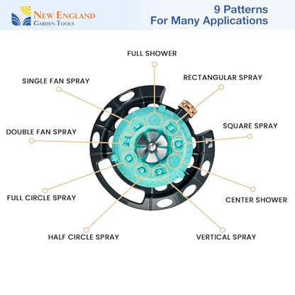 Multi-Pattern Spot Sprinkler 400001 - Adjustable 9 Spray Patterns, Heavy-Duty Metal Base, Decorative Turret Design, Versatile Lawn & Garden Watering, Durable Build by New England Garden Tools