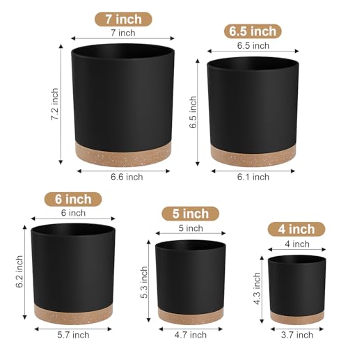 YNNICO Plant Pots with Drainage Holes and Saucers – 7, 6.5, 6, 5, 4 Inch Plastic Planters for Indoor Outdoor Plants, Modern Matte Finish, Lightweight & Durable（Black） - color: Black