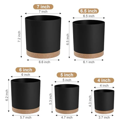YNNICO Plant Pots with Drainage Holes and Saucers – 7, 6.5, 6, 5, 4 Inch Plastic Planters for Indoor Outdoor Plants, Modern Matte Finish, Lightweight & Durable（Black） - color: Black