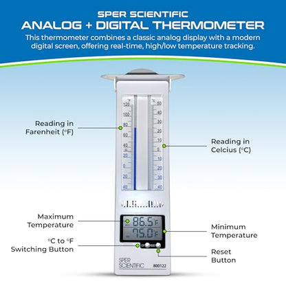 Sper Scientific Analog & Digital Min/Max Thermometer 800122 - Accurate Temperature Tracking, Weather-Resistant Design, Dual Display for Indoor & Outdoor Use, Ideal for Greenhouses, Labs & More - 4 pc - size: 4 Pack