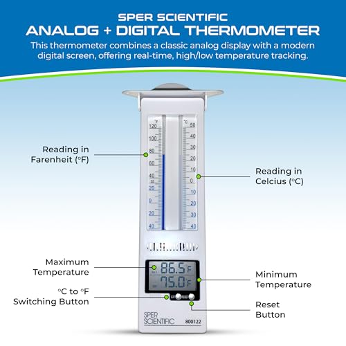 Sper Scientific Analog & Digital Min/Max Thermometer 800122 - Accurate Temperature Tracking, Weather-Resistant Design, Dual Display for Indoor & Outdoor Use, Ideal for Greenhouses, Labs & More - 4 pc - size: 4 Pack