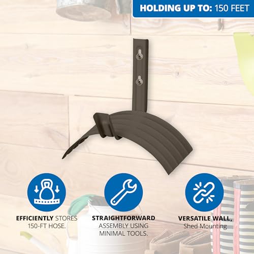 Suncast Metal Wall Mount Hose Hanger Durable and Space Saving Garden Hose Storage Solution Holds up to 150 Feet of Hose for Backyard or Garden, Brown